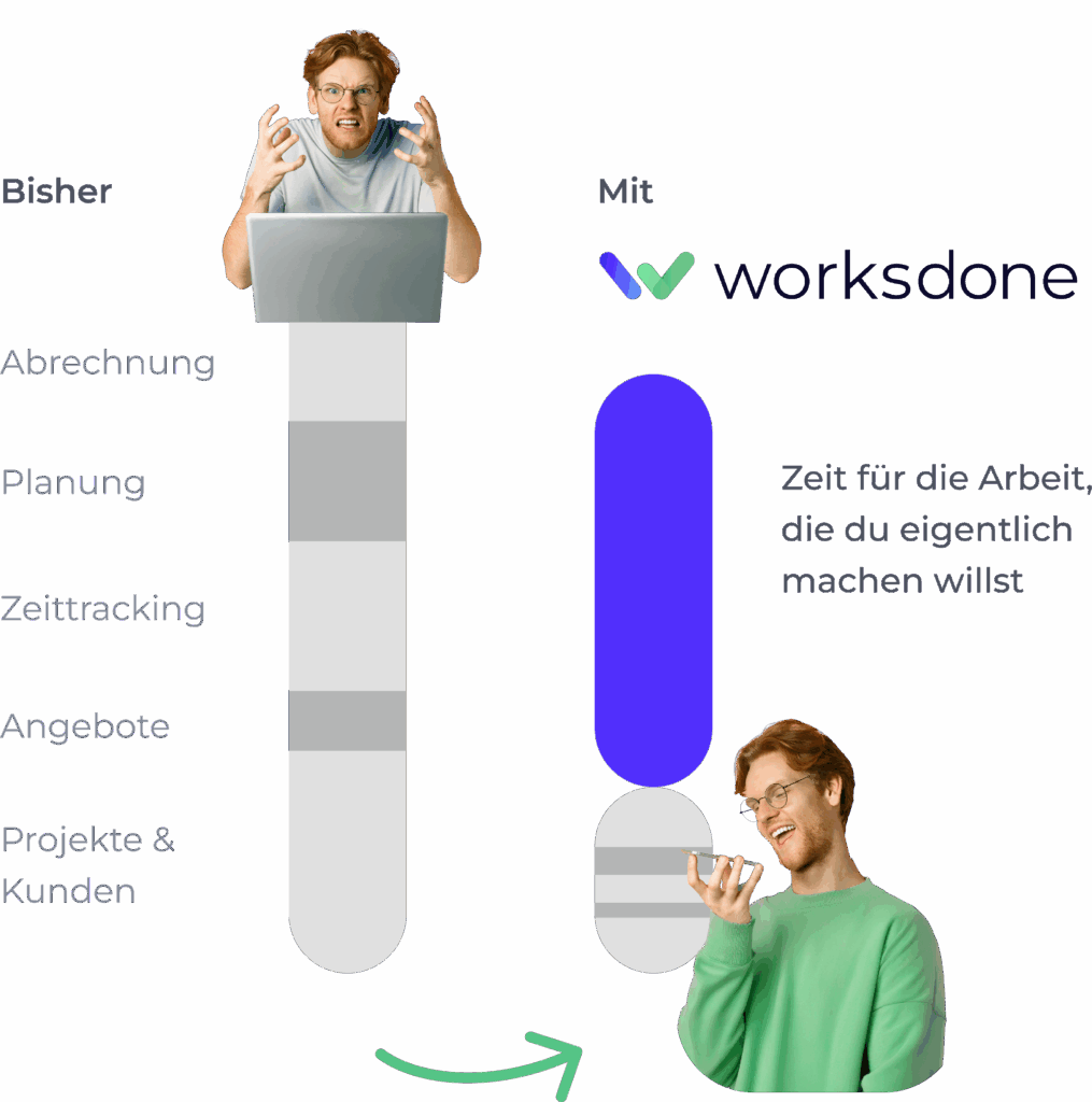 Frustrierter Unternehmer vor dem Laptop wandelt sich zu freudig arbeitendem Unternehmer, der in sein Handy spricht, um Businessaufgaben zu erledigen.
