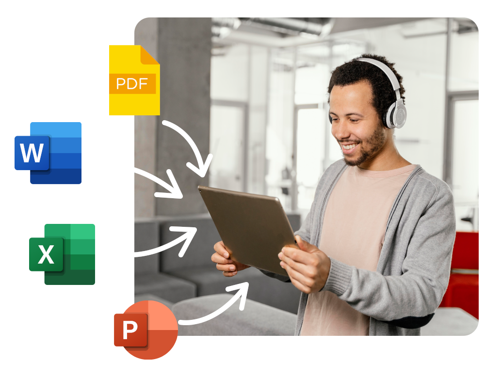 Ein Mann arbeitet mit Kopfhörern stehend mit seinem Tablet. verschiedene Dateiformate wie PDF, Word, Excel und Powerpoint fliegen in das Tablet hinein und können in Worksdone abgelegt werden.
