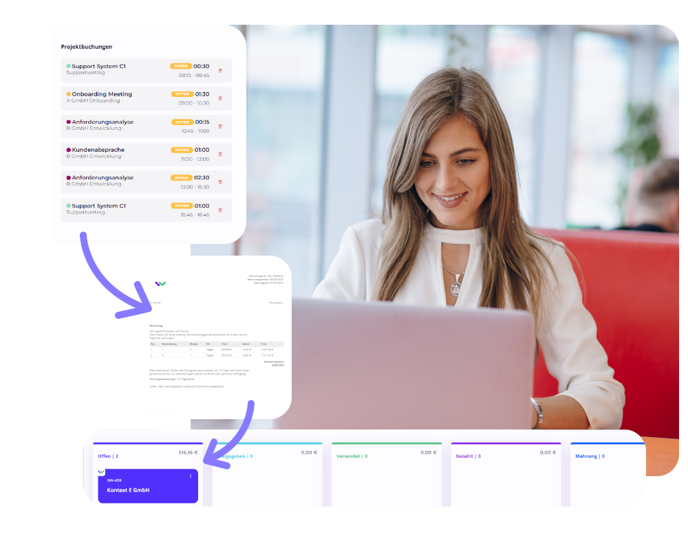 Eine elegante Frau sitzt im Büro am Laptop. Neben ihr sind Softwarefenster aus Worksdone abgebildet, mit denen Sie direkt aus den Projektbuchungen Rechnungen automatisch erstellen und in einer Pipeline den Status nachverfolgen kann.
