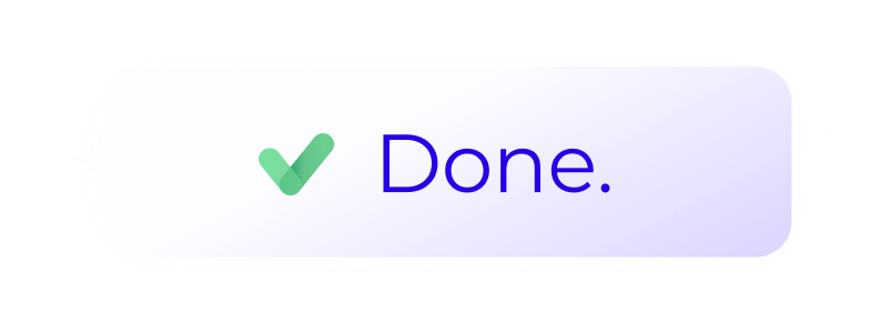 Sprechblase mit Erledigt-Haken und dem Wort "Done."