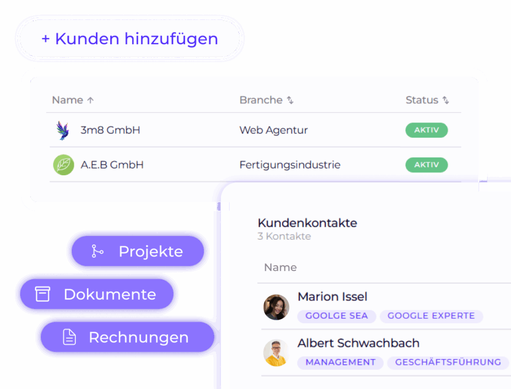 Kundenmanagement in Worksdone: Kunden hinzufügen, Projekte und Aufgaben anlegen, Dokumente und Rechnungen hinterlegen.