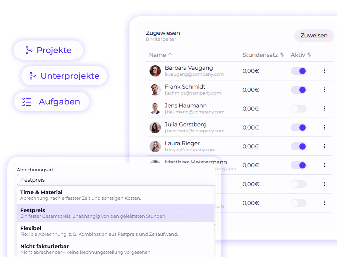 In Worksdone kannst du Projekte in Unterprojekte und Aufgaben strukturieren und Mitarbeiter mit individuellem Stundensatz zuweisen.