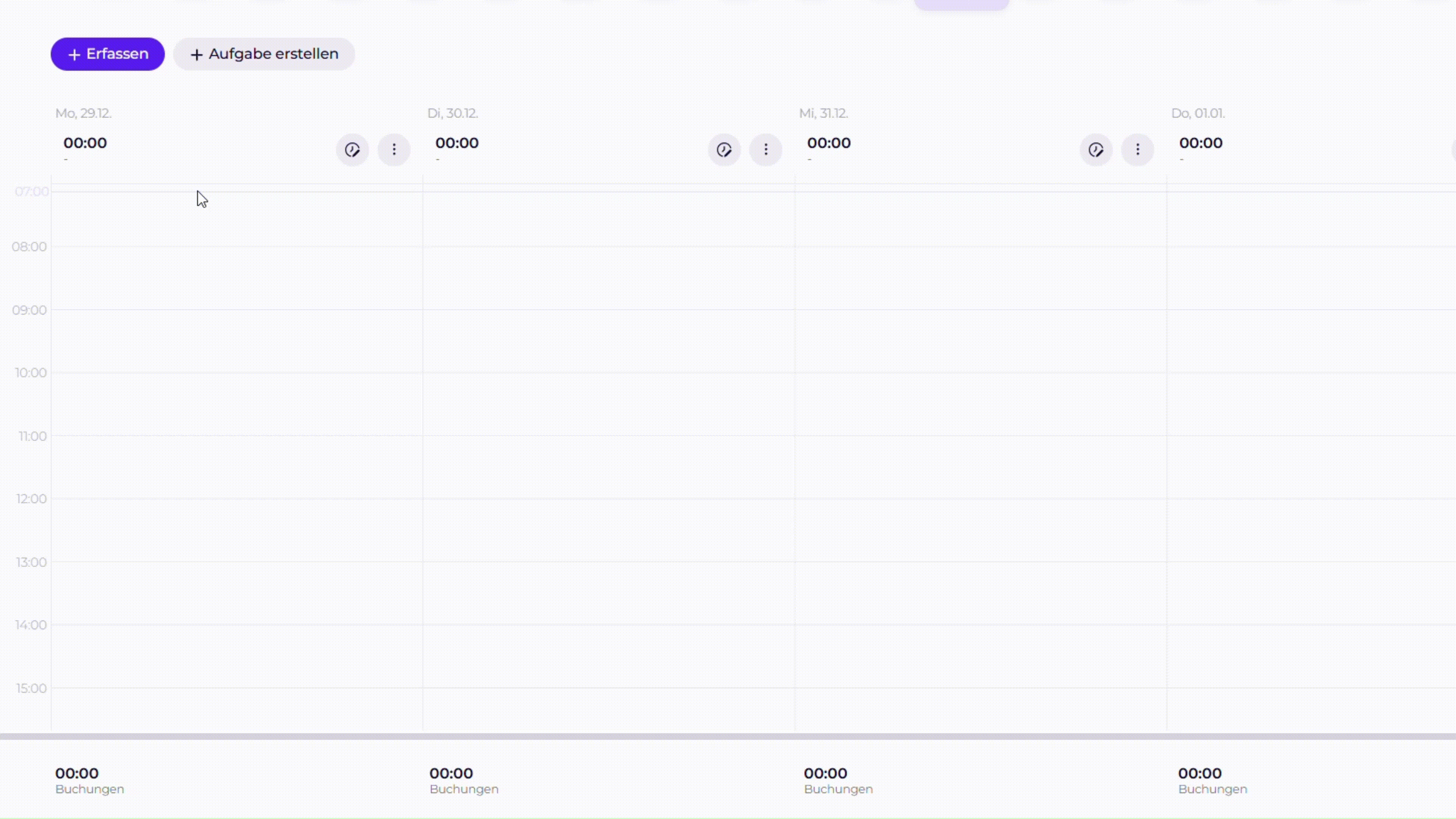 Schnellbuchung in der Zeiterfassung von Worksdone auf ein Porjekt oder eine Aufgabe über mehrere Tage mit einem Maus- oder Fingerzug im Kalender