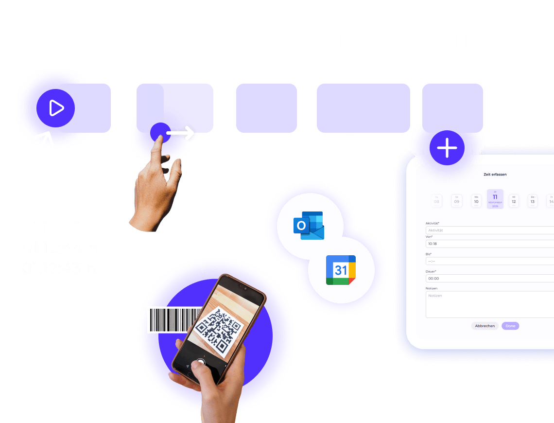 Vielfältige Zeiterfassungsmethoden in Worksdone: Live-Tracking per Playbutton, FInger- oder Mauszug in der Software, QR-Code oder Barcode scannen als Stechuhr, automatische Synchronisation mit dem Google- oder Outlookkalender oder manuell per Formular