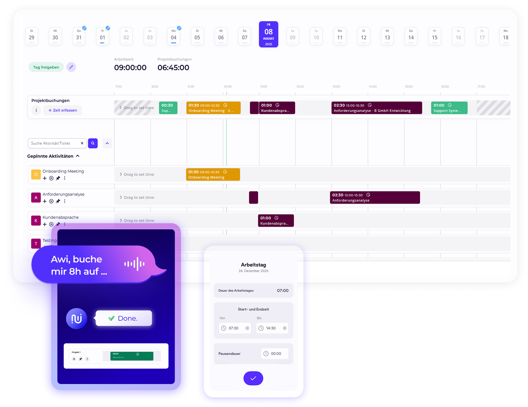 Projektzeiterfassung und Arbeitszeiterfassung in Worksdone - per Sprache, KI, Kalender oder 1 Klick