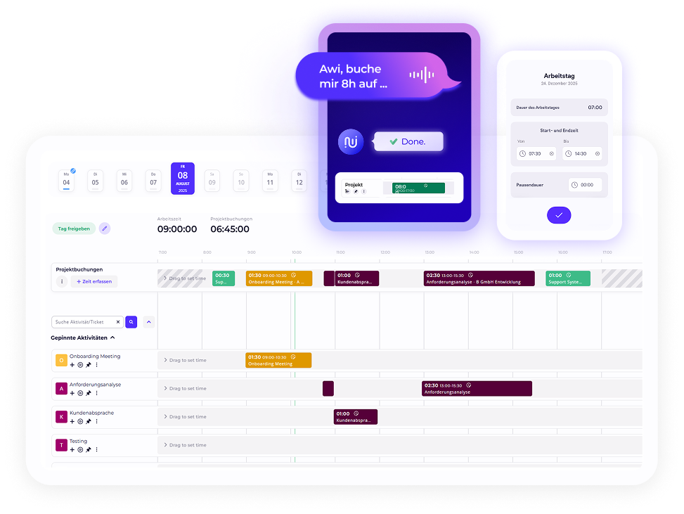 Zeiterfassung in Worksdone: Screenshot der übersichtlichen Arbeitszeiterfassung mit Tagesansicht, Projektbuchungen, Kalender und Sprachassistent zum einfachen Buchen von Arbeitszeiten, Projektzeiten und Pausen.