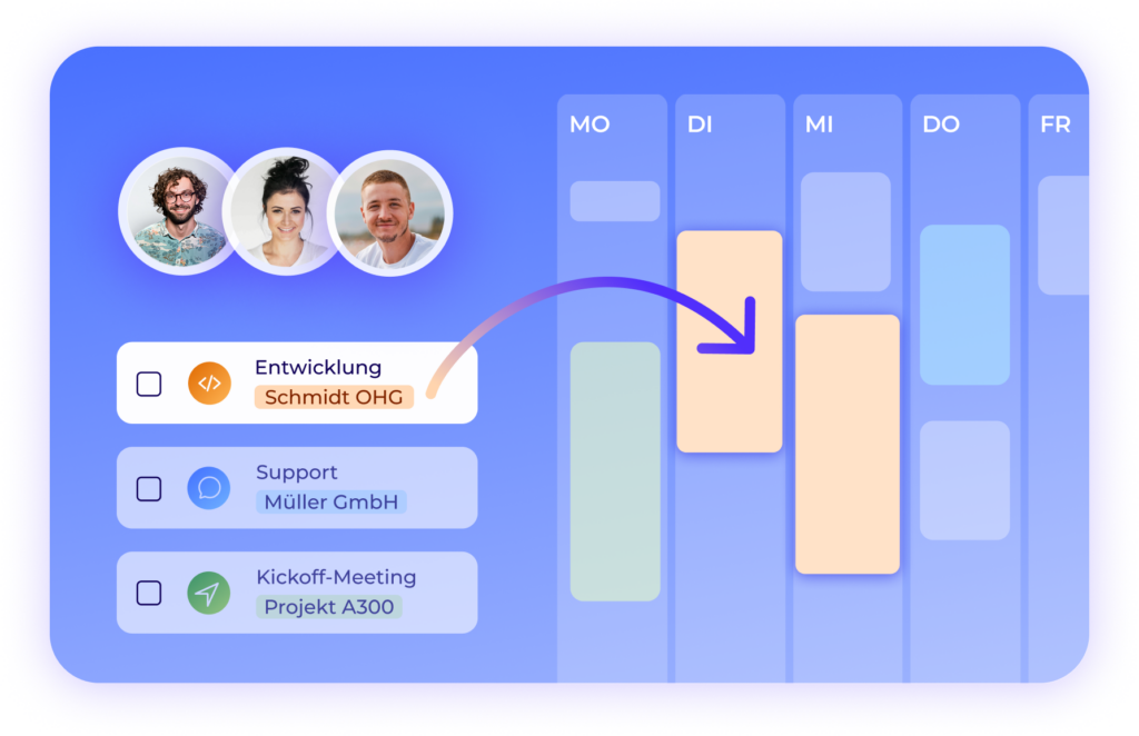 Digitale Arbeitszeiterfassung: Aufgaben per Drag & Drop Mitarbeitern im Wochenplaner zuweisen – Worksdone Teamplanung