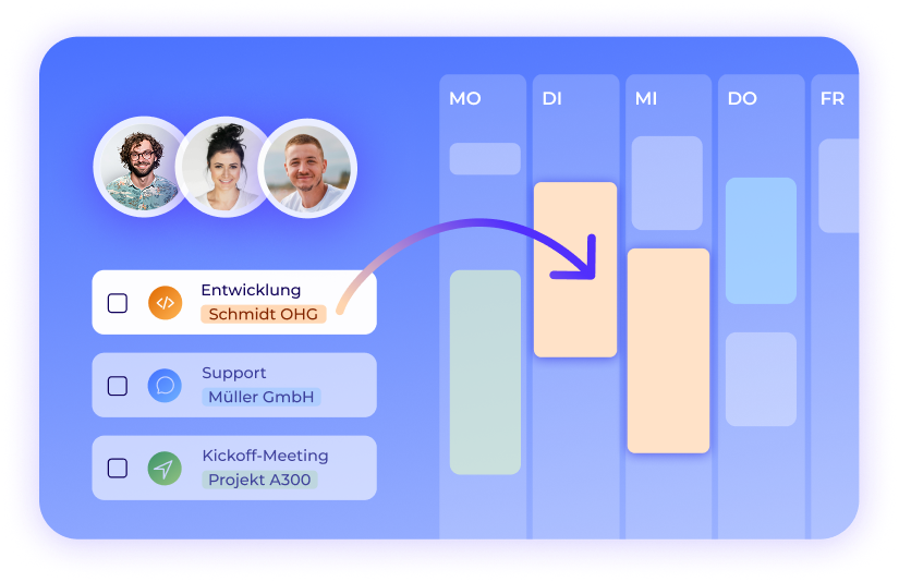 Digitale Arbeitszeiterfassung: Aufgaben per Drag & Drop Mitarbeitern im Wochenplaner zuweisen – Worksdone Teamplanung
