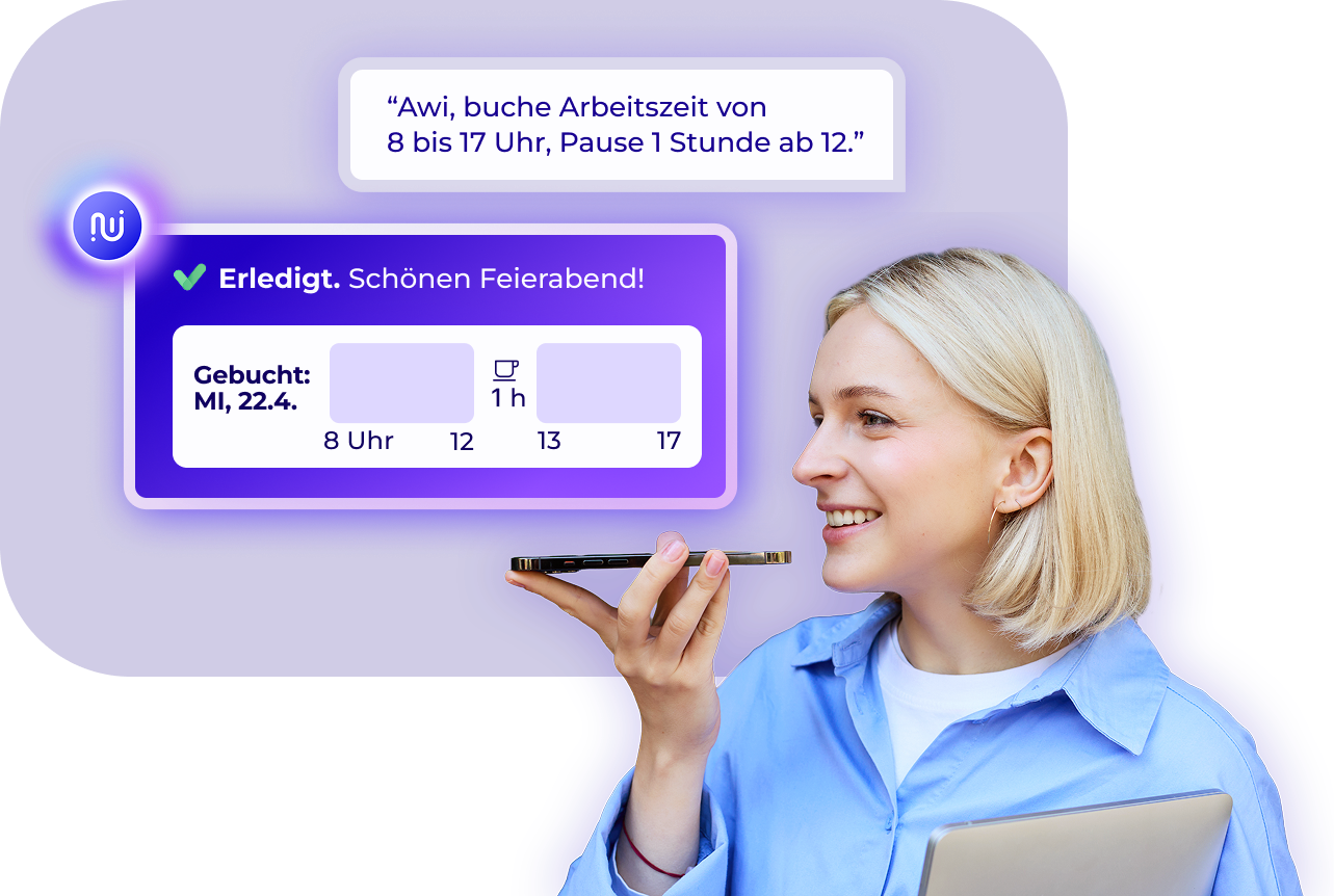 Arbeitszeiterfassung per Sprache: KI-Assistent Awi bucht Arbeitszeit mit Pause automatisch per Sprachbefehl in Worksdone
