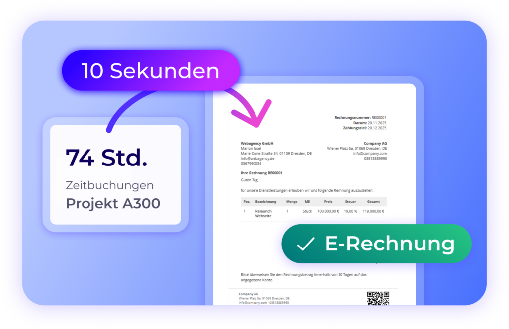 Aus Arbeitszeitbuchungen an Projekten wird in 10 Sekunden eine E-Rechnung – automatische Rechnungserstellung aus Projektzeiten mit Worksdone