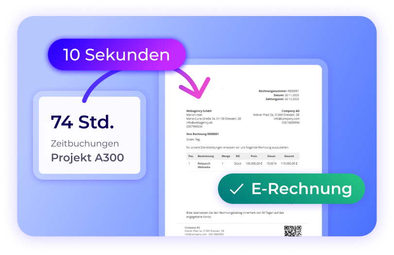 Aus Arbeitszeitbuchungen an Projekten wird in 10 Sekunden eine E-Rechnung – automatische Rechnungserstellung aus Projektzeiten mit Worksdone