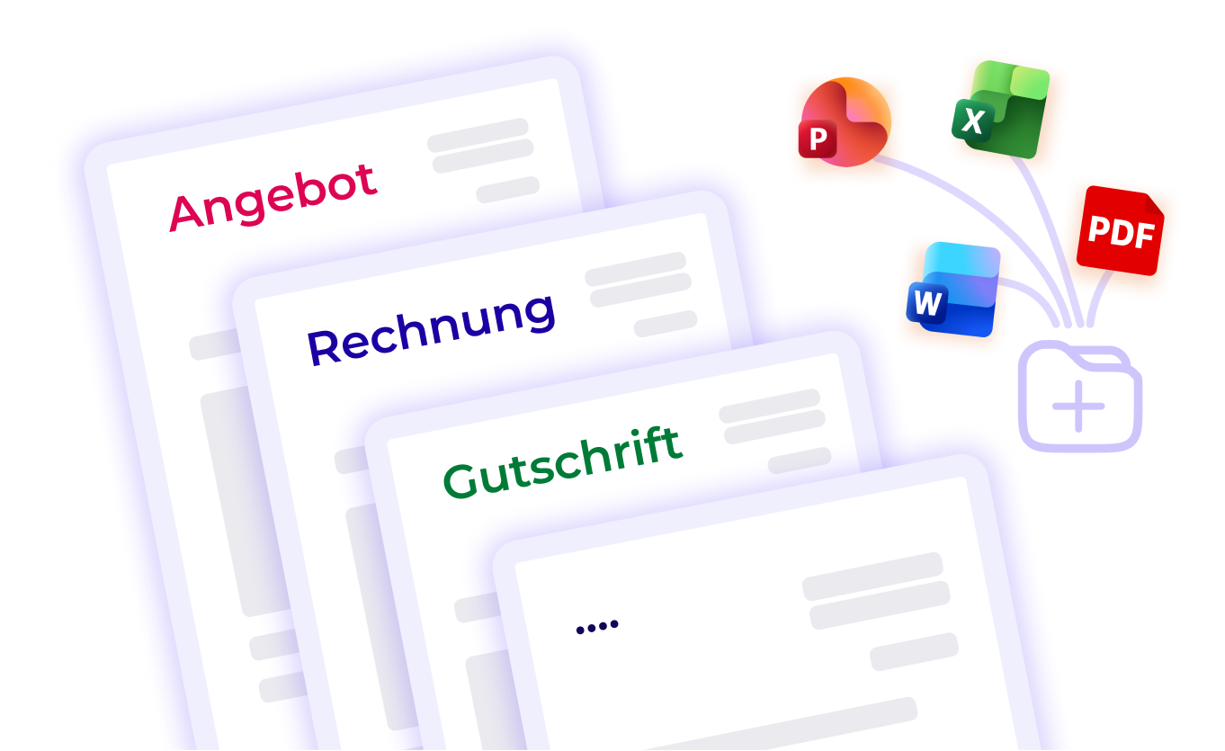 Ausgangsbelege wie Angebote, Rechnungen und Gutschriften sowie Dokumente in Word-, Excel-, PowerPoint- und PDF-Formaten.