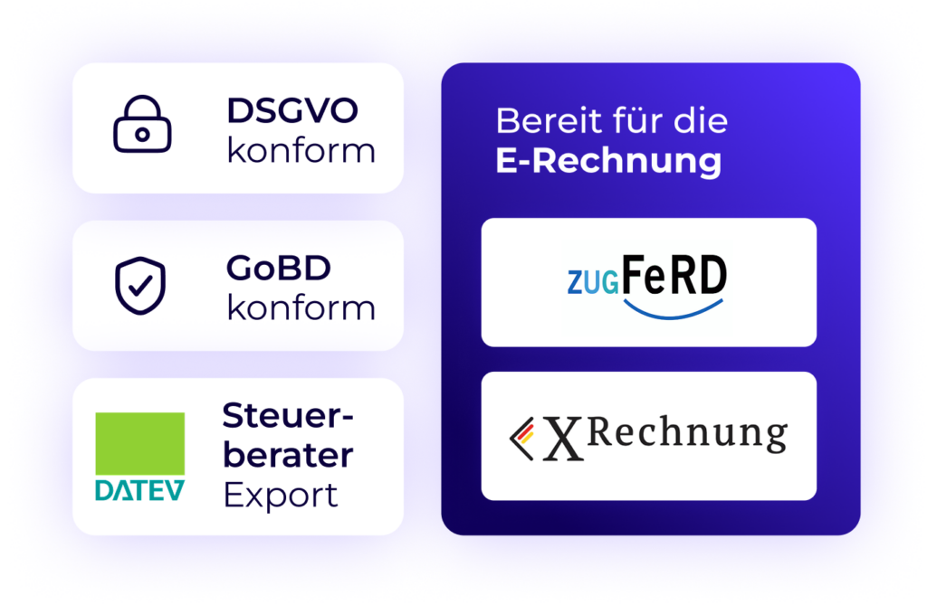 Worksdone ist eine DSGVO- und GoBD-konforme Rechnungssoftware mit DATEV-Export sowie Unterstützung für E-Rechnungen im ZUGFeRD- und XRechnung-Format.