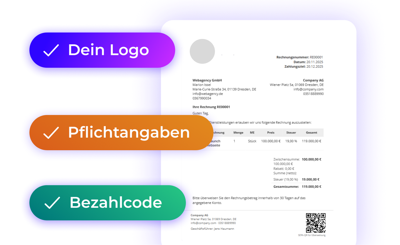 Rechnungseditor in Worksdone mit eigenem Logo, vollständigen Pflichtangaben und QR-Bezahlcode.