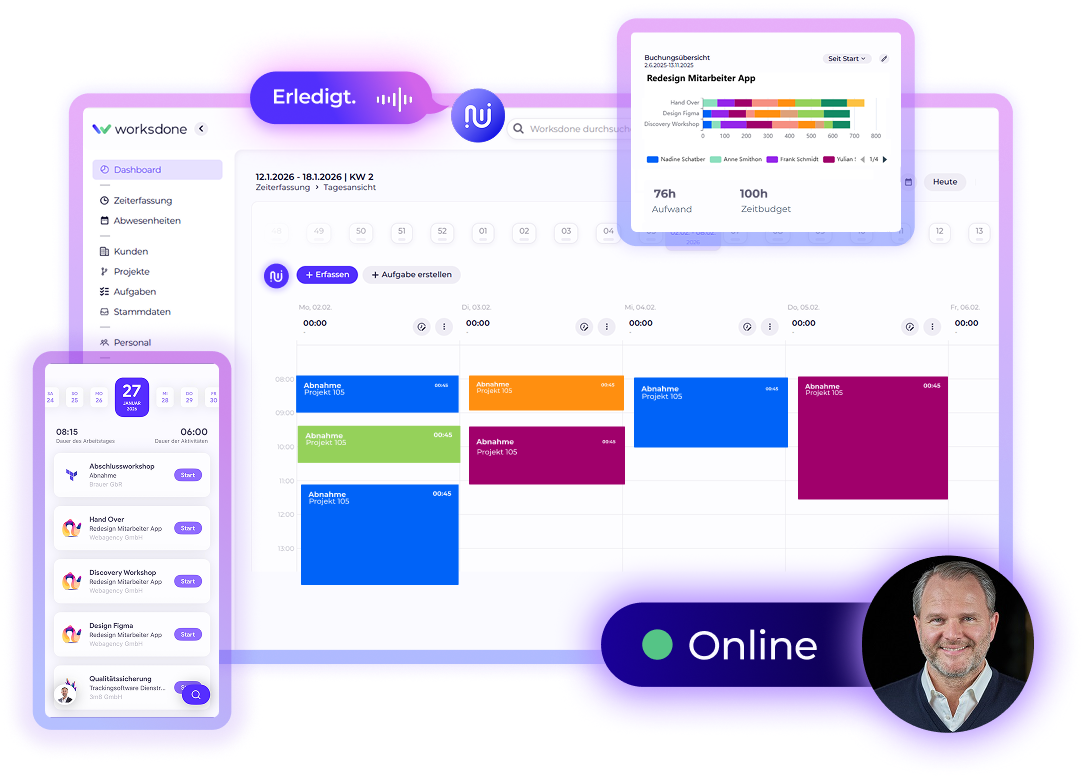 Worksdone-Zeiterfassung auf Desktop und Smartphone mit Aufgabenplanung, Projektübersicht individuell erklärt mit einer persönlichen Online-Demo.