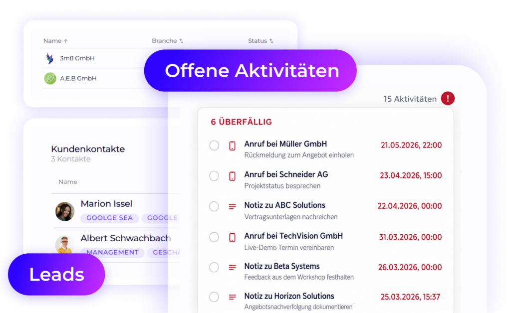 Übersicht offener CRM-Aktivitäten mit Leads, Kundenkontakten sowie überfälligen Deal-Aktivitäten wie Anrufen und Notizen.