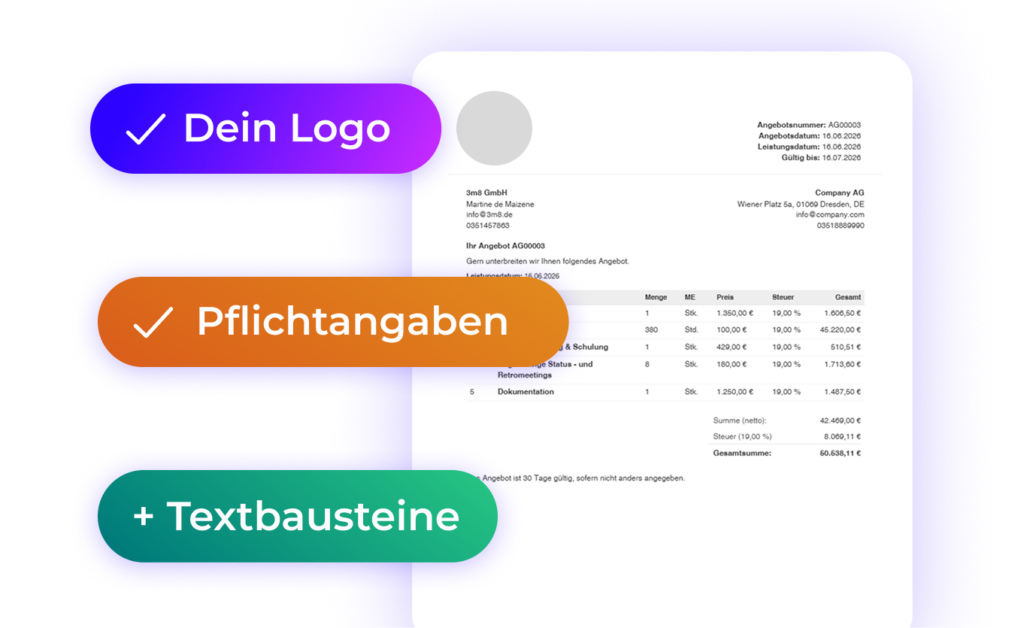 Features 3 Angebot v1 Angebotsvorlage mit eigenem Logo, Pflichtangaben und ergänzbaren Textbausteinen.