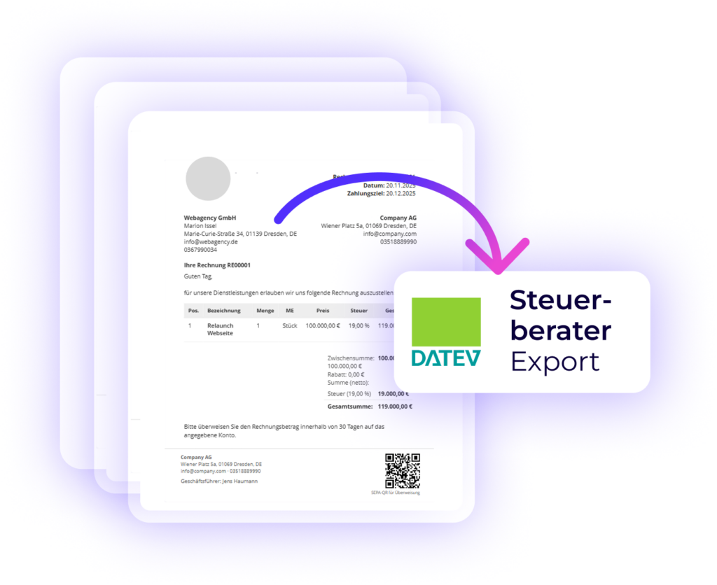 Rechnungen können in Worksdone per DATEV-Export an den Steuerberater übermittelt.