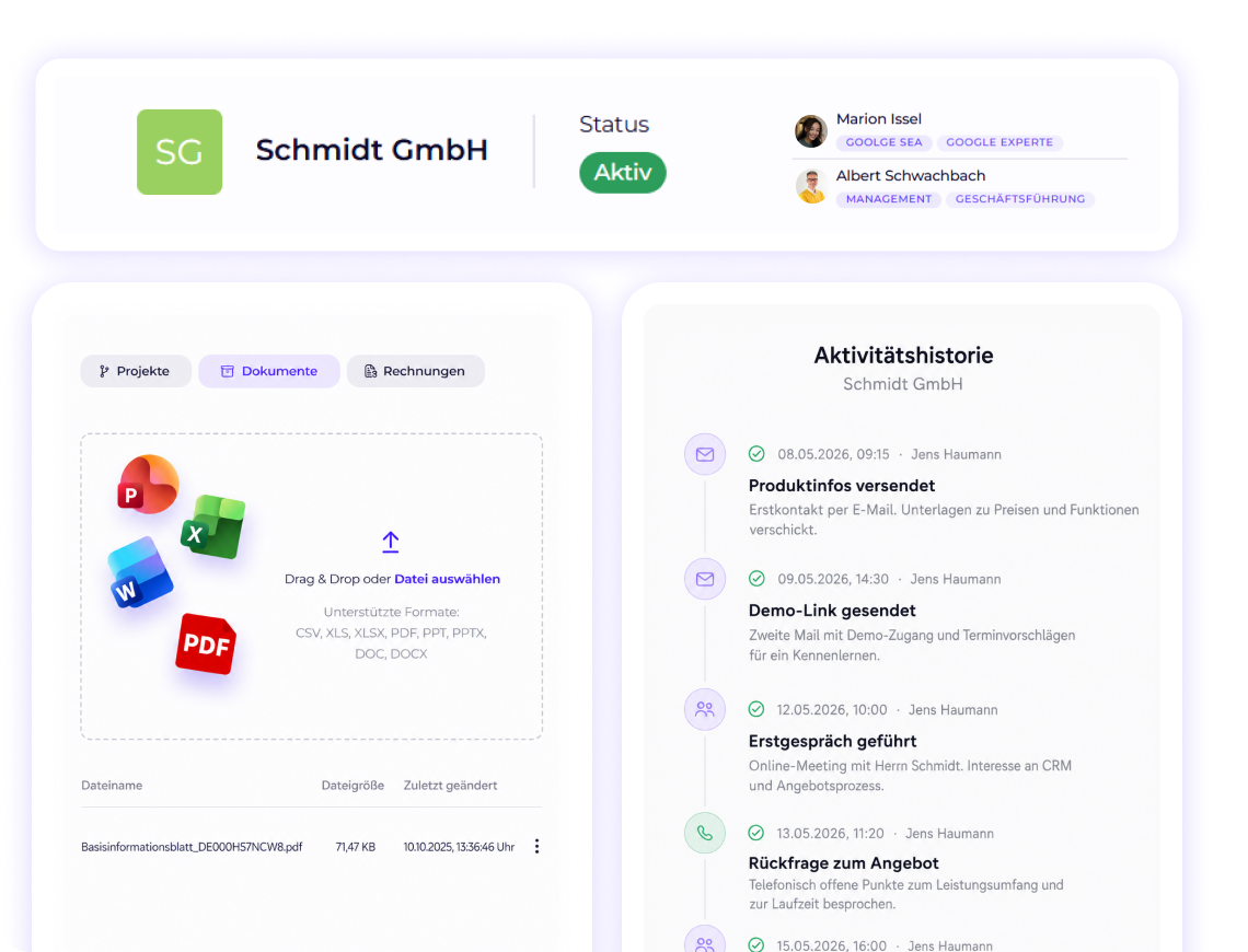 Kundenprofil einer Kundenfirma mit Ansprechpartnern, Dokumentenupload wie Dokumente, Rechnungen etc. und chronologischer Aktivitätshistorie zu E-Mails, Gesprächen und Angeboten.