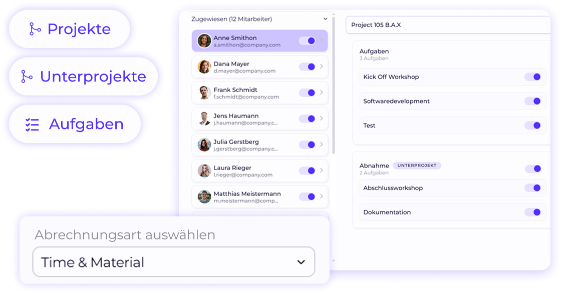 Projektmanagement-Ansicht mit Projekten, Unterprojekten und Aufgaben sowie Teamzuweisung und Abrechnungsart „Time & Material“.