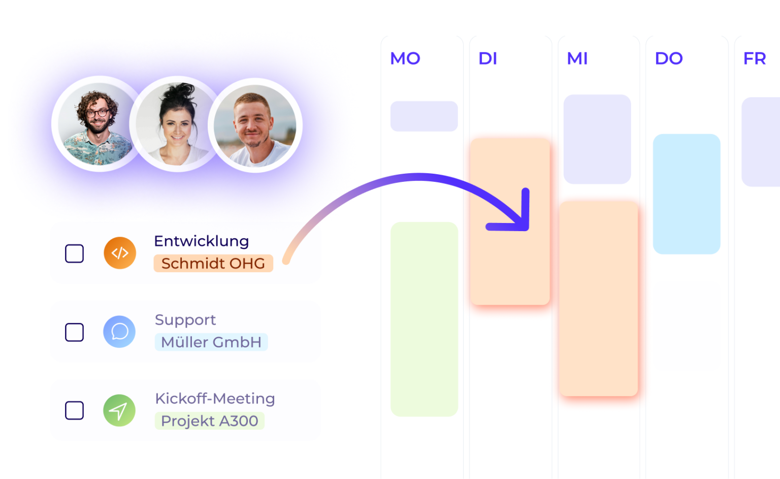 Team-Aufgabenplaner mit Mitarbeitenden, Aufgabenliste und Wochenkalender zur visuellen Zuordnung von Projekten und Terminen.