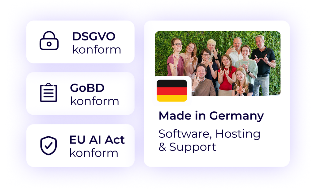 Worksdone ist eine DSGVO-, GoBD- und EU-AI-Act-konforme Software, entwickelt, gehostet und mit Support in Deutschland.