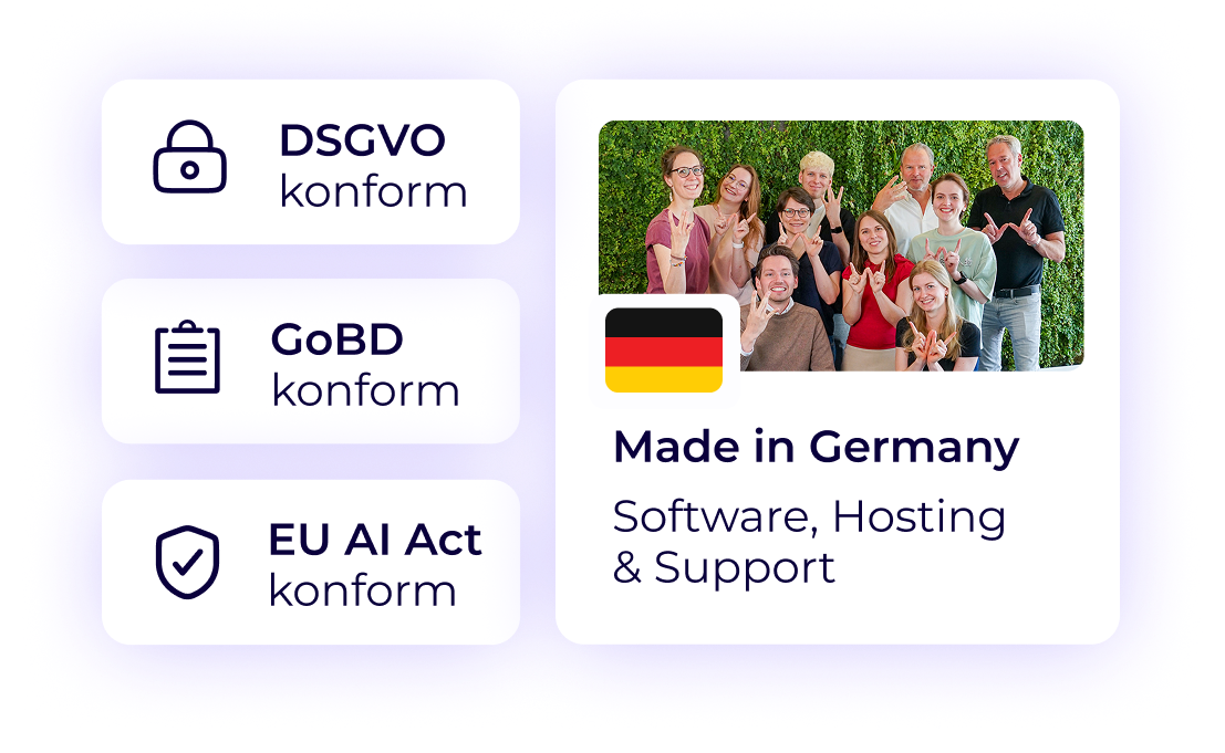 Worksdone ist eine DSGVO-, GoBD- und EU-AI-Act-konforme Software, entwickelt, gehostet und mit Support in Deutschland.