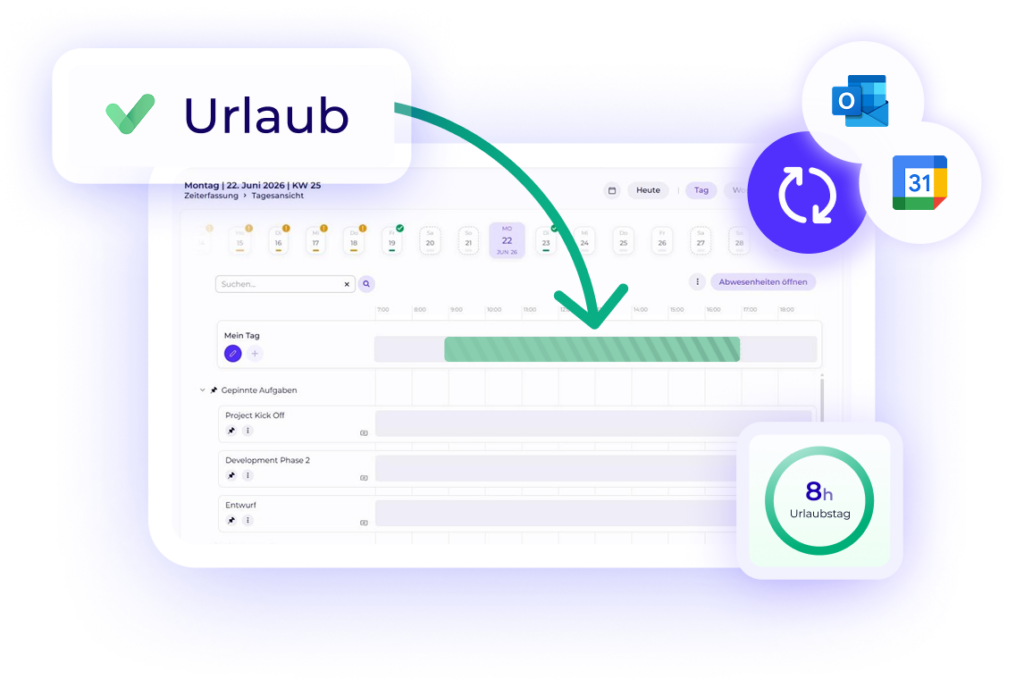 Worksdone Abwesenheitsmanagement mit Urlaubseintrag in der Zeiterfassung, 8-Stunden-Urlaubstag und Synchronisation mit Outlook und Google Kalender.