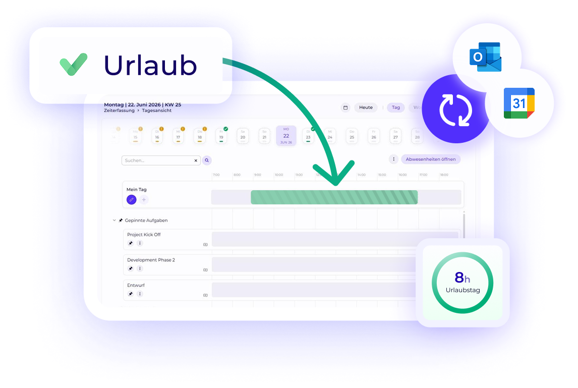Worksdone Abwesenheitsmanagement mit Urlaubseintrag in der Zeiterfassung, 8-Stunden-Urlaubstag und Synchronisation mit Outlook und Google Kalender.