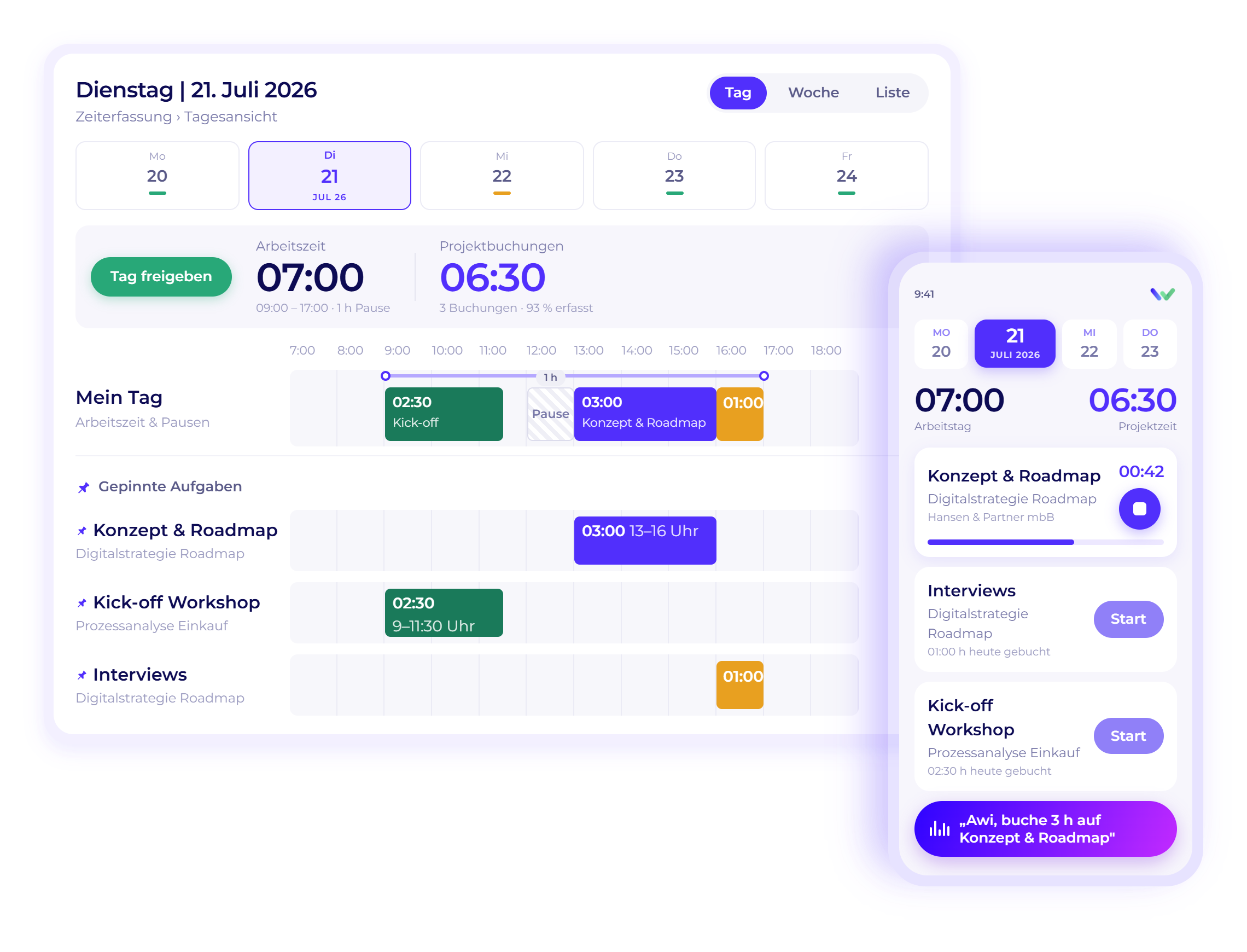Worksdone Zeiterfassung in Tagesansicht und mobiler App mit Arbeitszeit, Projektbuchungen, Aufgaben und laufendem Timer.