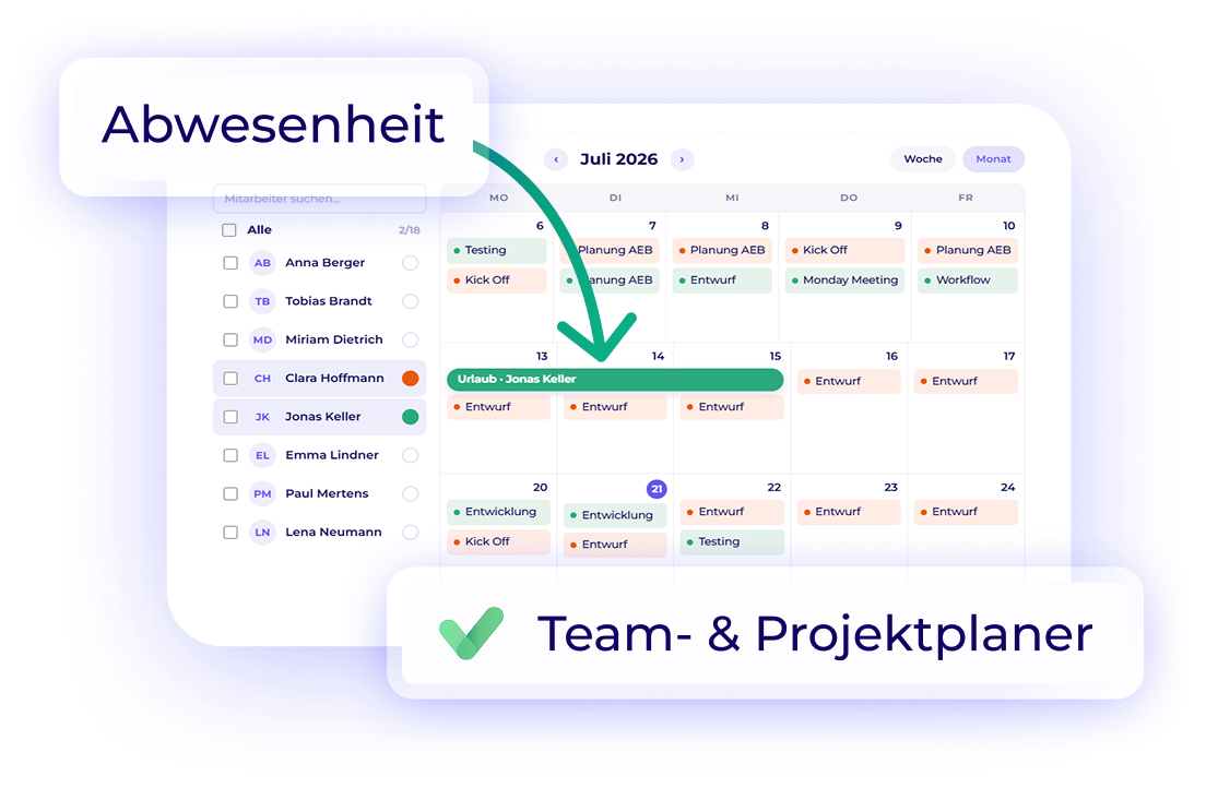 Worksdone Team- und Projektplaner mit Kalenderübersicht für Aufgaben und Abwesenheiten wie Urlaub direkt in der Ressourcenplanung.