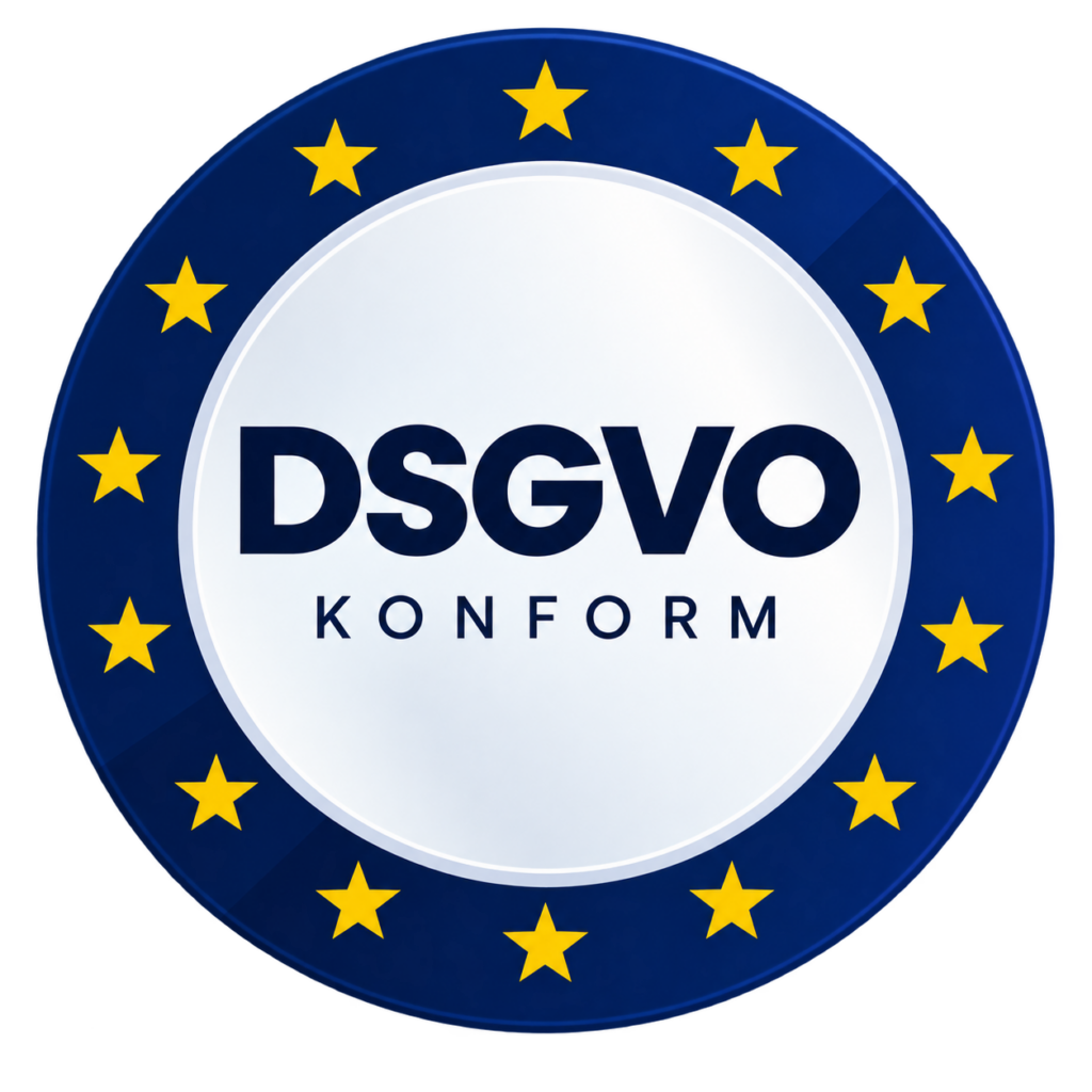 DSGVO-konform Siegel mit EU-Sternen als Symbol für datenschutzkonforme Arbeitszeiterfassung.