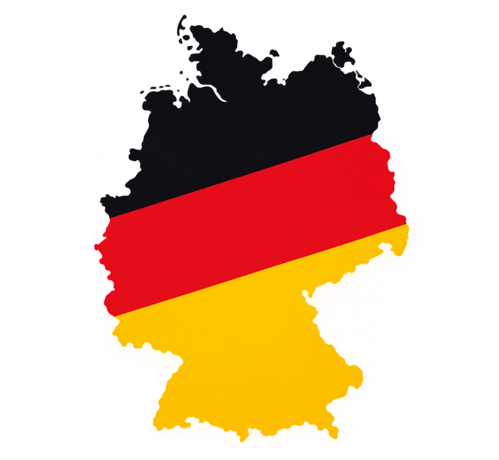 Deutschlandkarte in den Farben Schwarz, Rot und Gold als Symbol für deutsche Vorgaben und Regelungen zur Arbeitszeiterfassung.