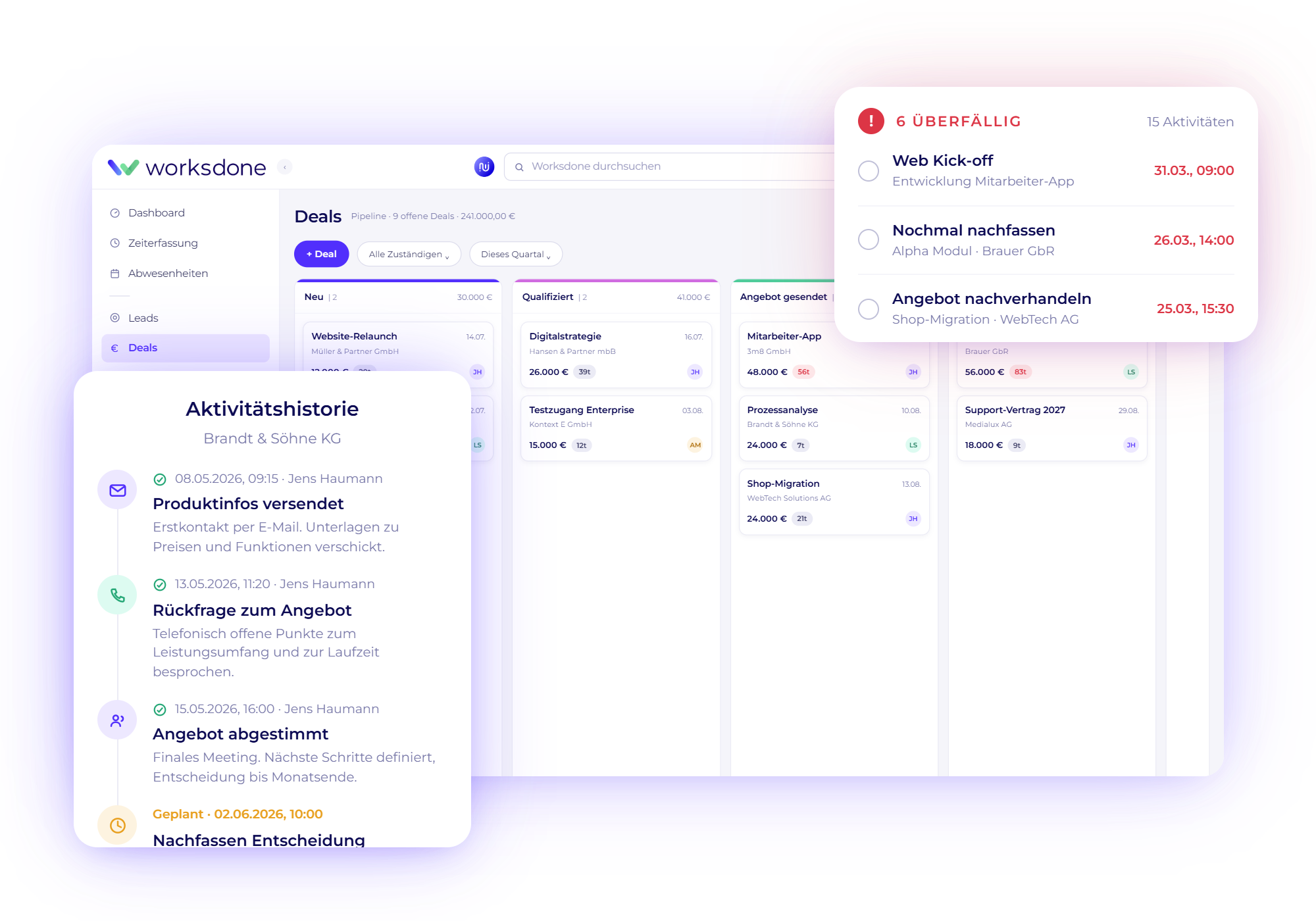 Worksdone CRM mit Deal-Pipeline, Aktivitätshistorie und Übersicht über überfällige Vertriebsaktivitäten und Nachfassaufgaben.