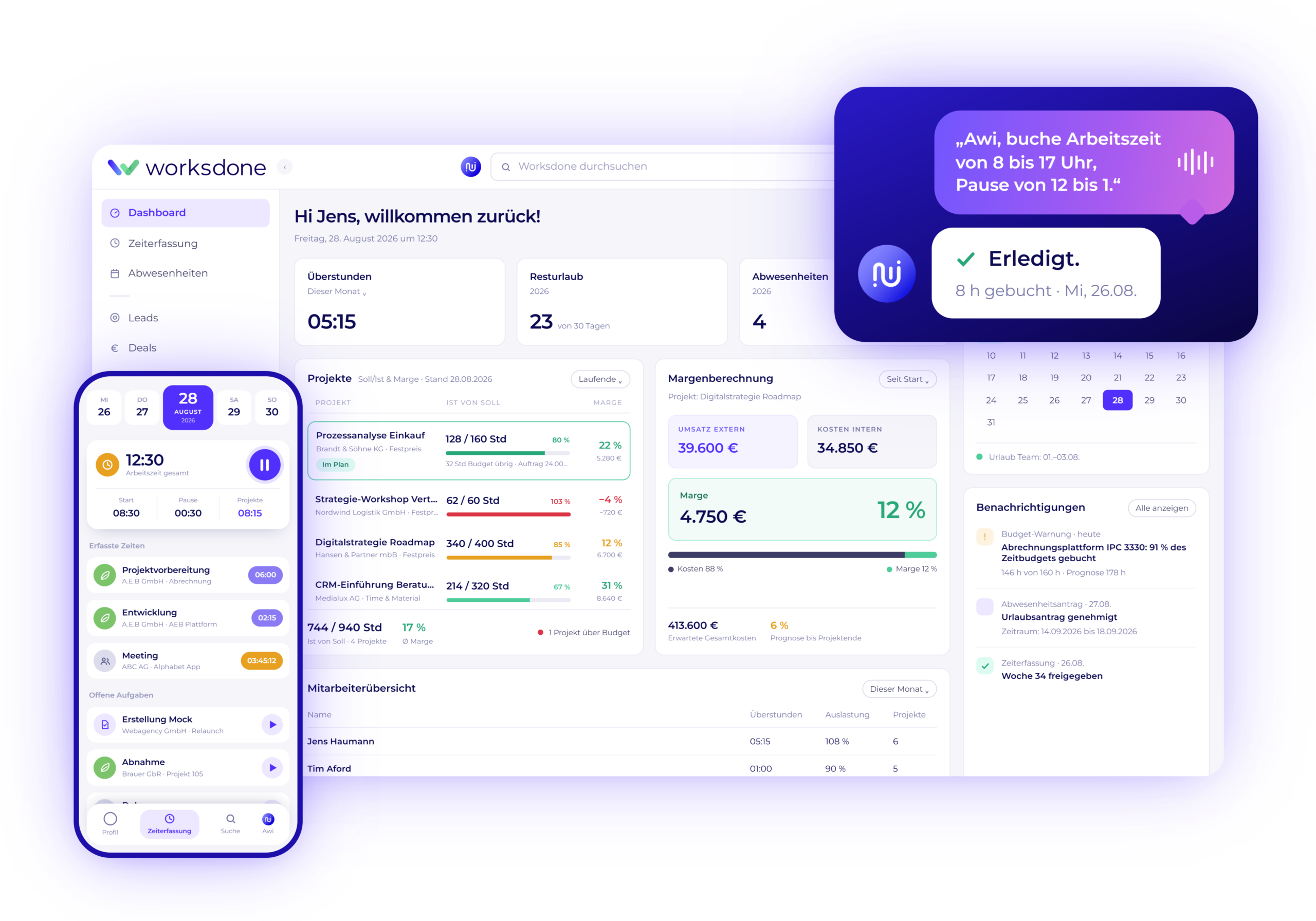 Worksdone Dashboard mit mobiler Zeiterfassung, Projektübersicht, Margenberechnung, Abwesenheiten, Benachrichtigungen und KI-Assistent Awi zur Arbeitszeitbuchung.